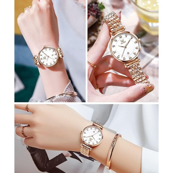 Women Rose Gold Stainless Steel Band White Dial Quartz Small Face Watch main image 7